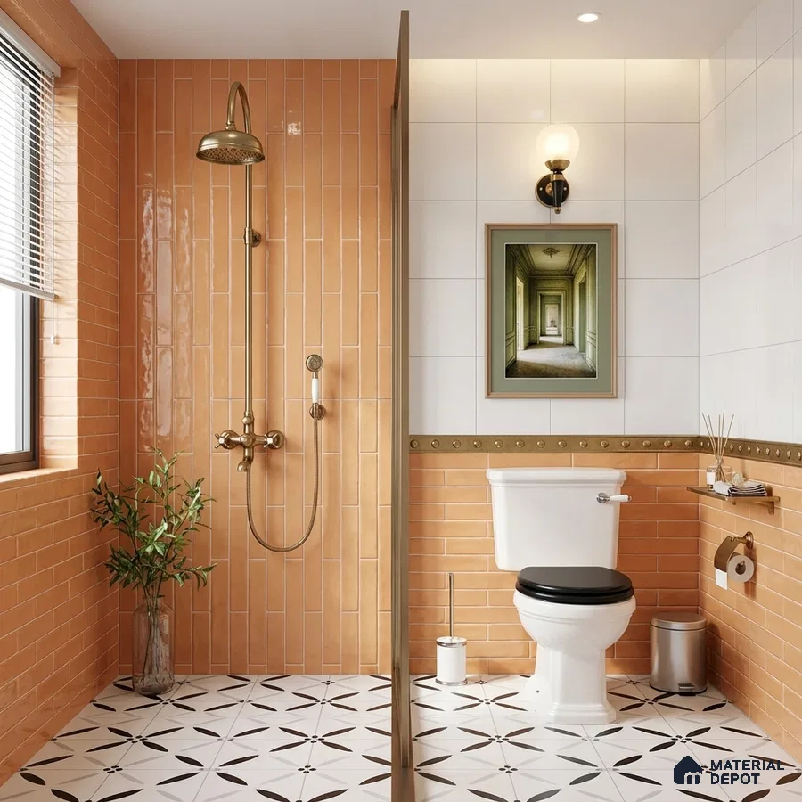 Modern kitchen with terracotta subway backsplash tile, white terrazzo countertop, and matte terracotta laminate cabinets