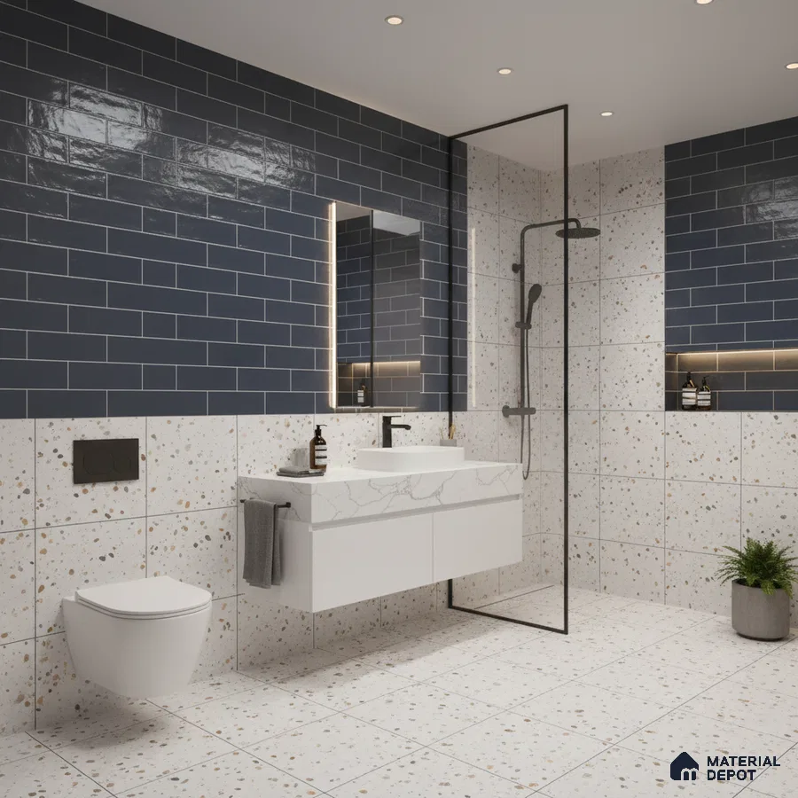 Modern kitchen with navy blue subway tile backsplash, black marble countertop, and blue laminate cabinets