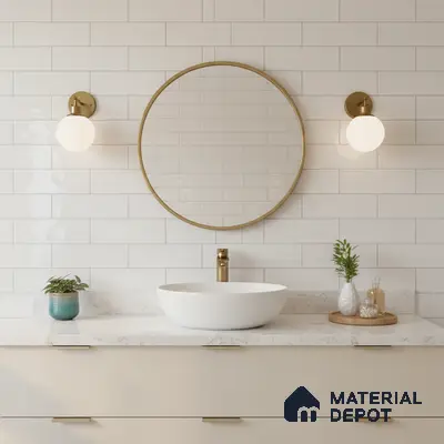Minimalist bathroom with white subway wall tiles and quartz countertop vanity