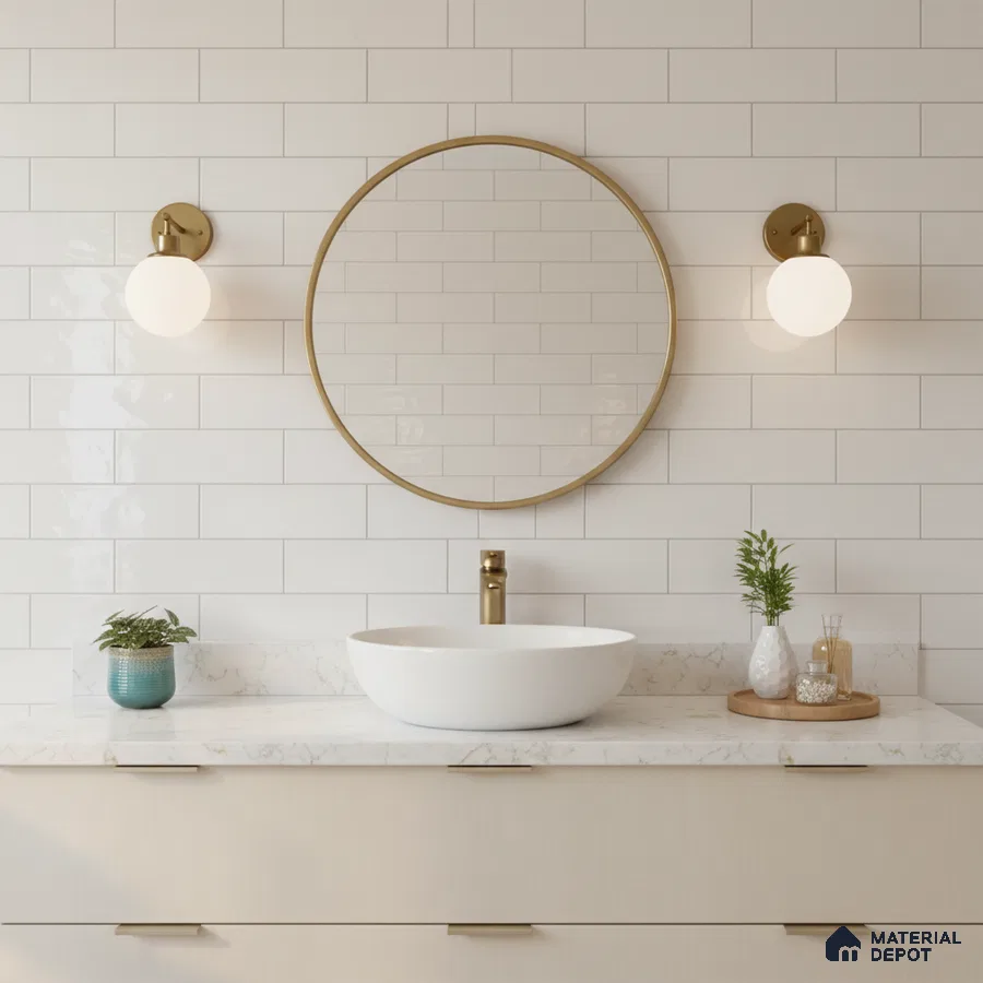 Minimalist bathroom with white subway wall tiles and quartz countertop vanity