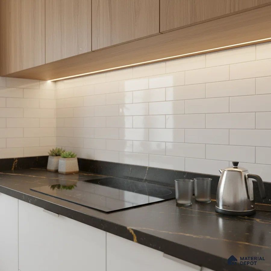 Modern kitchen with light wood laminate cabinets, white subway tile backsplash, and black marble-look countertop