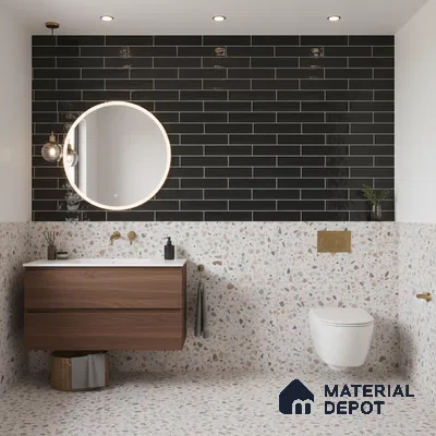 Modern kitchen with black subway tile backsplash, matte black laminate cabinets, and white marble-look countertop