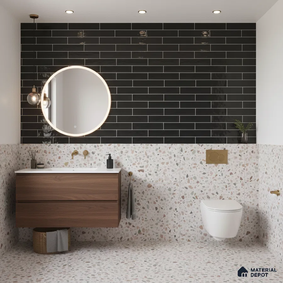 Modern kitchen with black subway tile backsplash, matte black laminate cabinets, and white marble-look countertop
