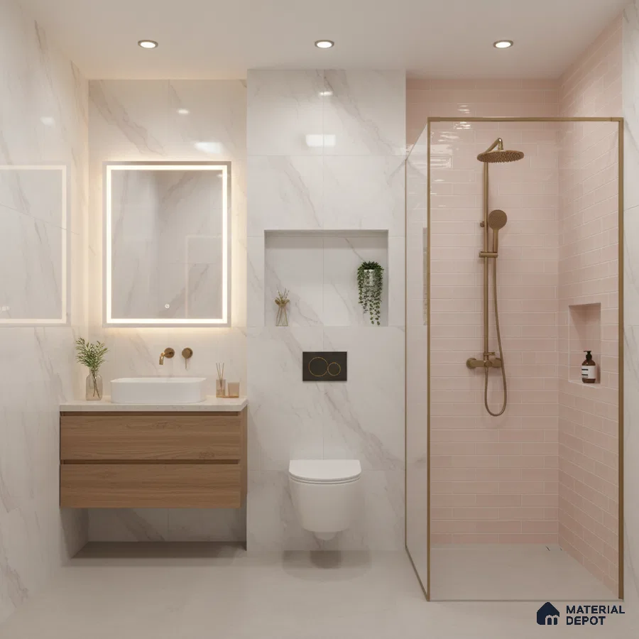 Modern bathroom with white marble wall tiles, pink subway shower tiles, and floating wood vanity