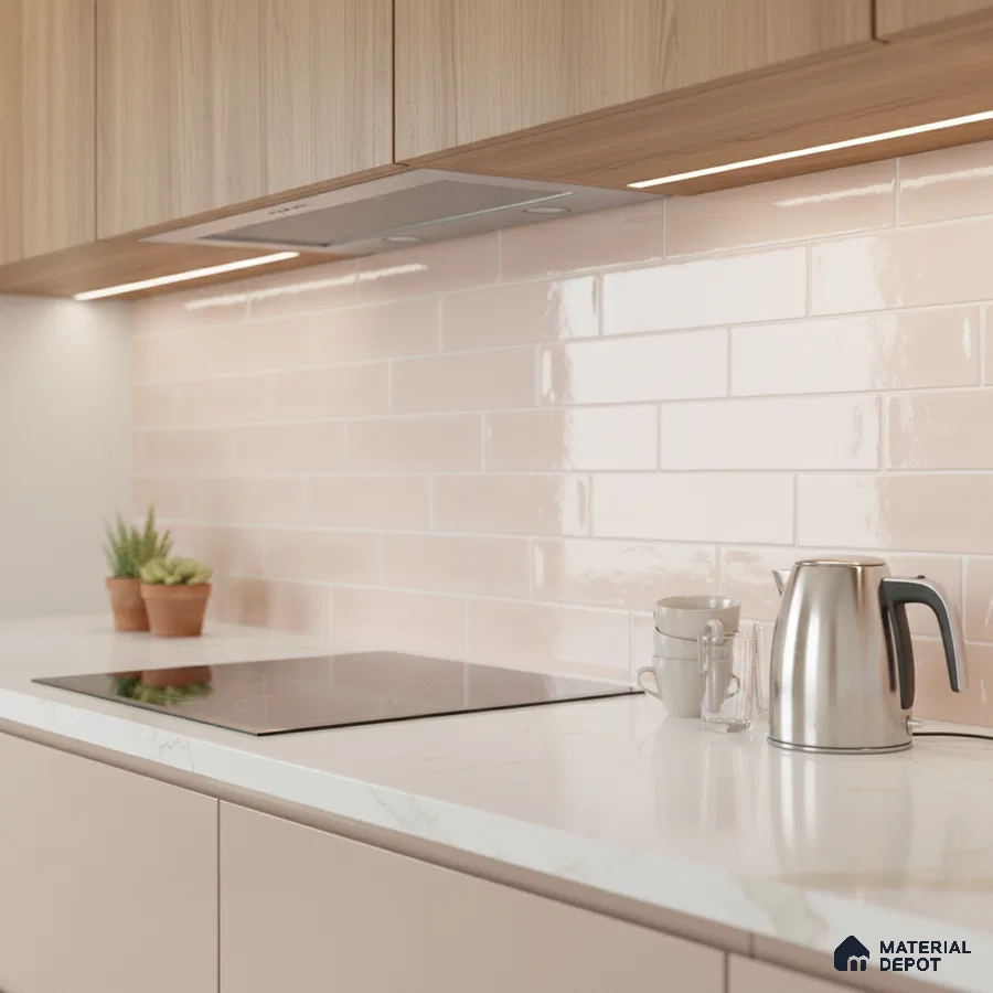 Scandinavian kitchen with blush pink subway tile backsplash, white marble-look countertop, and light oak laminate cabinets