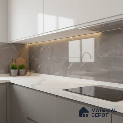 Modern kitchen with grey marble-look backsplash tile and white marble-look quartz countertop