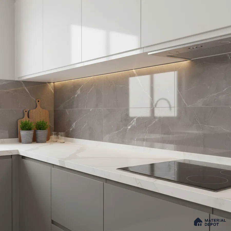 Modern kitchen with grey marble-look backsplash tile and white marble-look quartz countertop