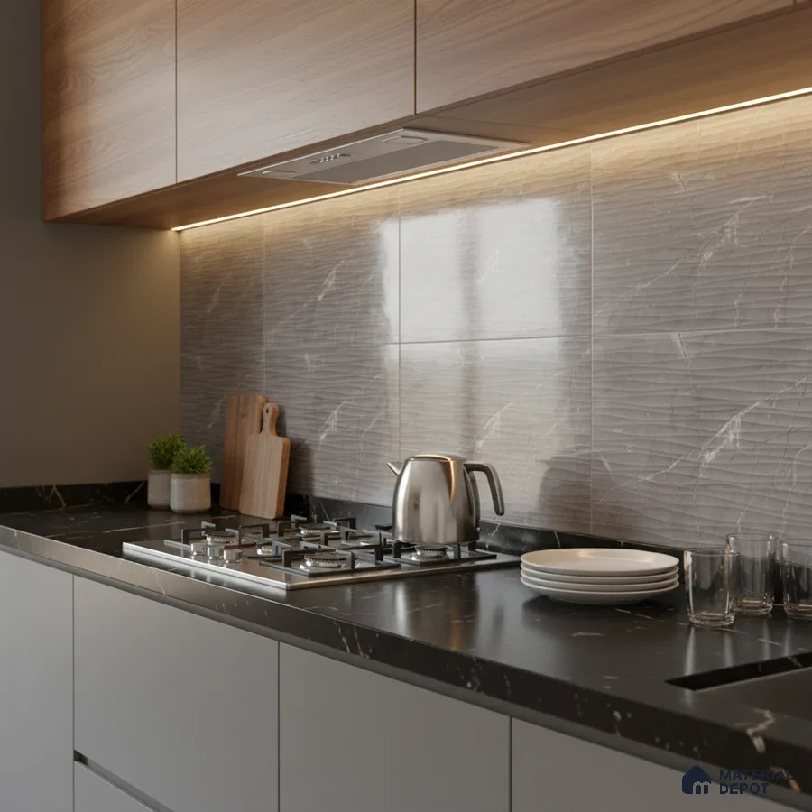 Modern kitchen with walnut wood laminate cabinets, grey marble backsplash tile, and black marble countertop