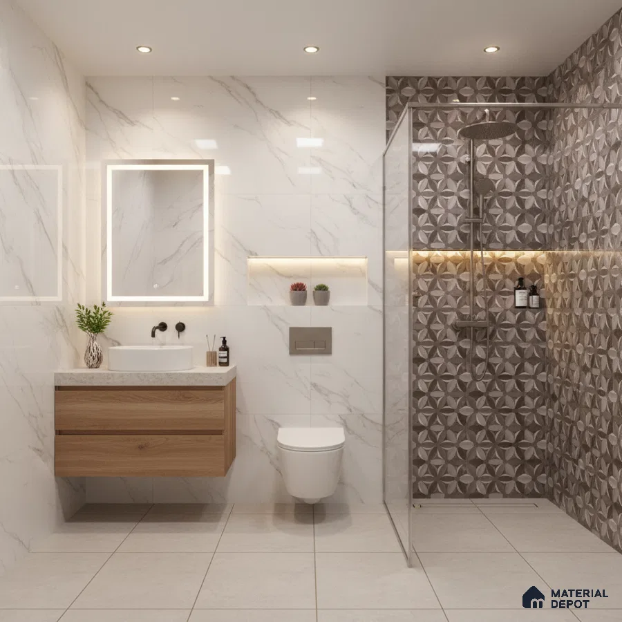 Modern bathroom with marble-look wall tiles, geometric patterned shower wall tile, and wood vanity