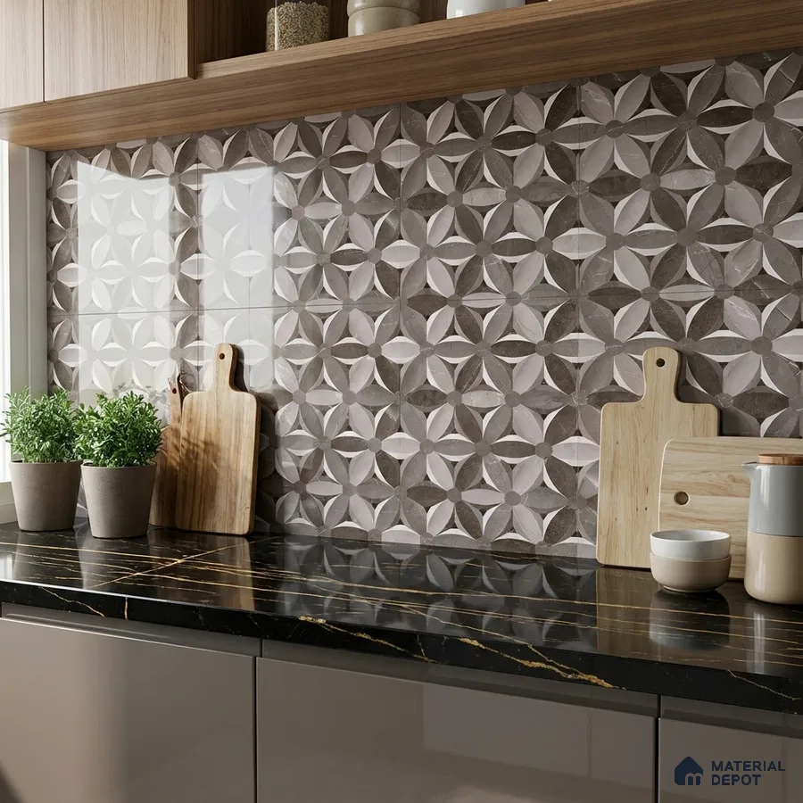 Modern kitchen with geometric patterned backsplash tile and black marble countertop