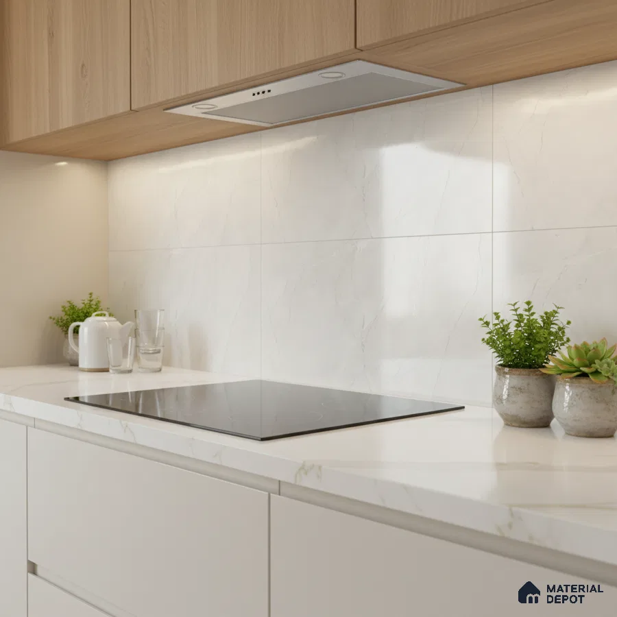 Minimalist kitchen with light oak laminate cabinets and white marble-look backsplash tile