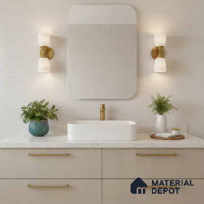 Minimalist kitchen with frosty white laminate cabinets, white marble-look quartz countertop, and textured white backsplash tile