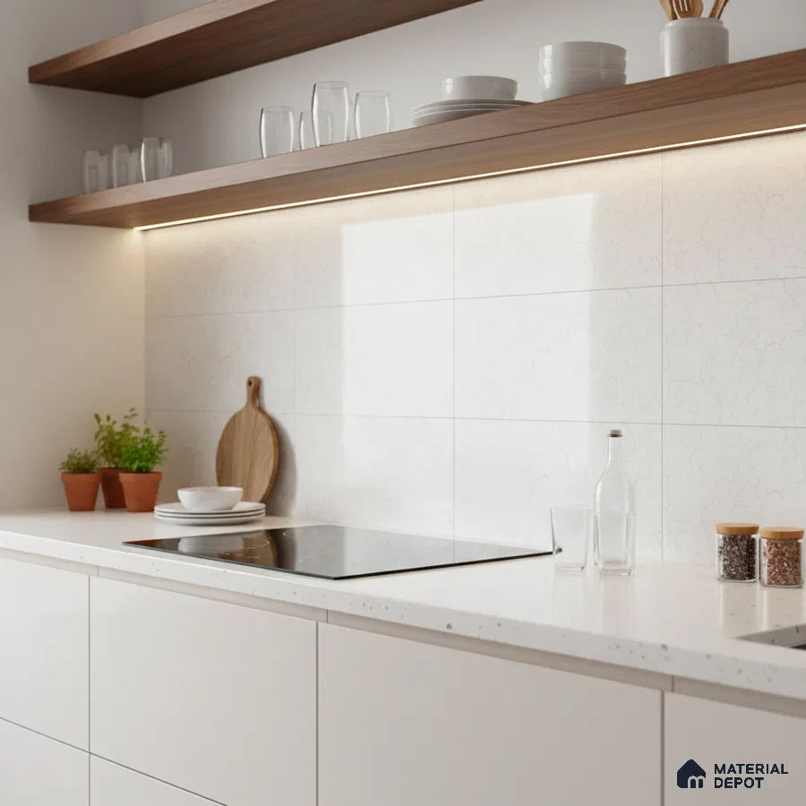 Minimalist kitchen with white laminate cabinets, white quartz countertop, and walnut open shelves