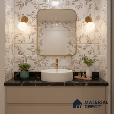 Modern bathroom with beige floral wall tiles and black quartz countertop