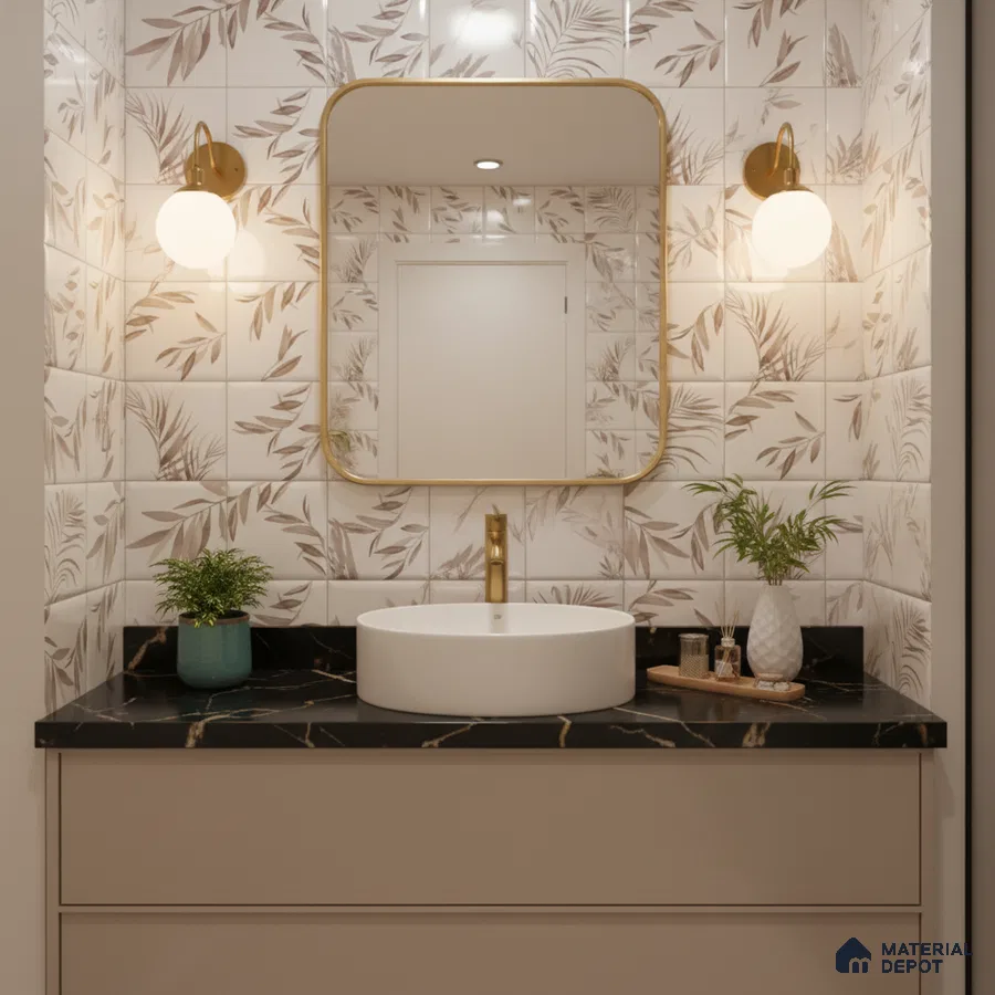 Modern bathroom with beige floral wall tiles and black quartz countertop