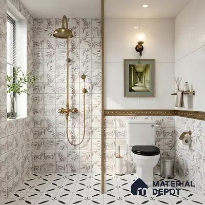 Modern bathroom with beige botanical wall tiles and black-and-white geometric floor tiles
