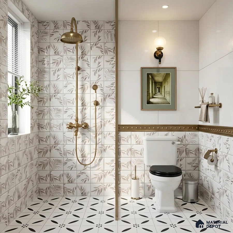 Modern bathroom with beige botanical wall tiles and black-and-white geometric floor tiles