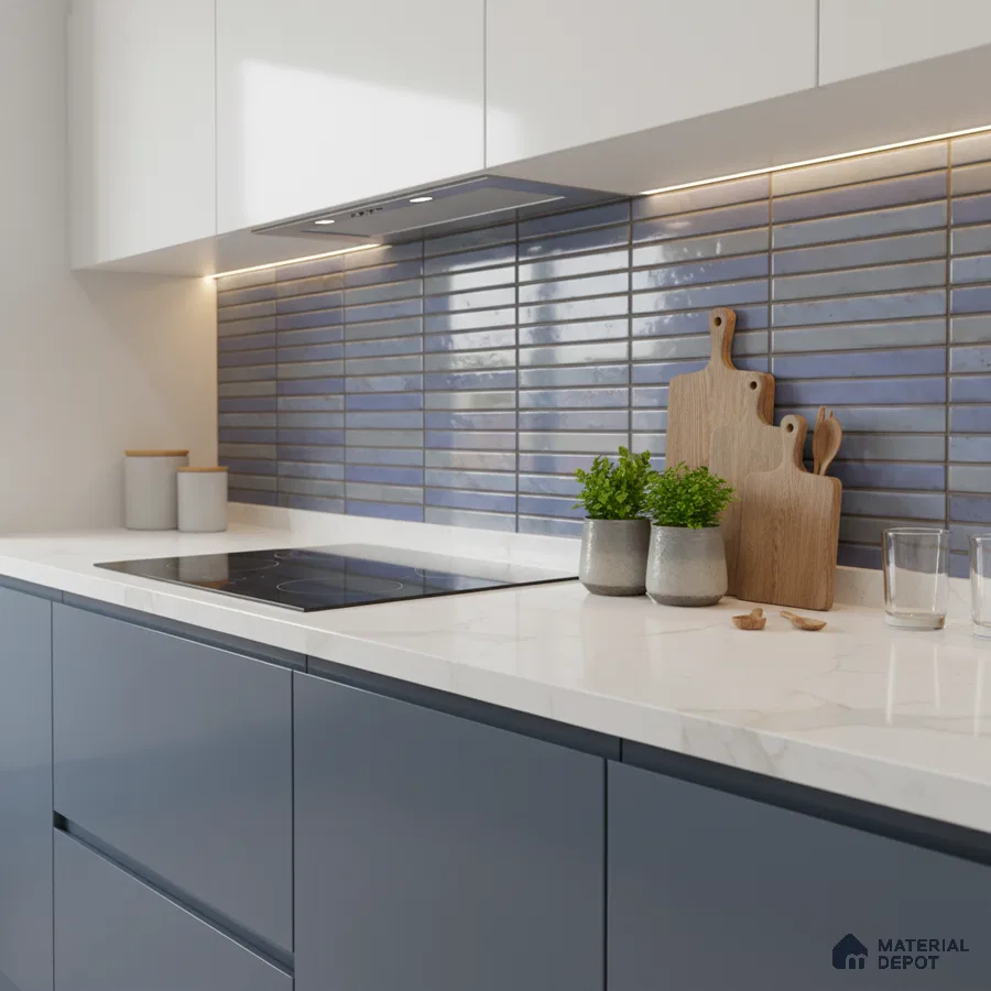 Modern kitchen with blue kitkat subway backsplash tile and white marble-look quartz countertop