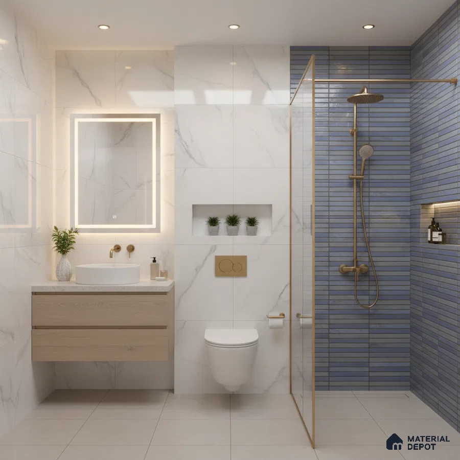 Modern bathroom with white marble wall tiles, blue kitkat subway shower tiles, and light wood floating vanity
