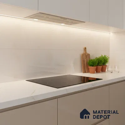 Minimalist kitchen with beige high gloss laminate, white marble-look quartz countertop, and marble-look backsplash tile
