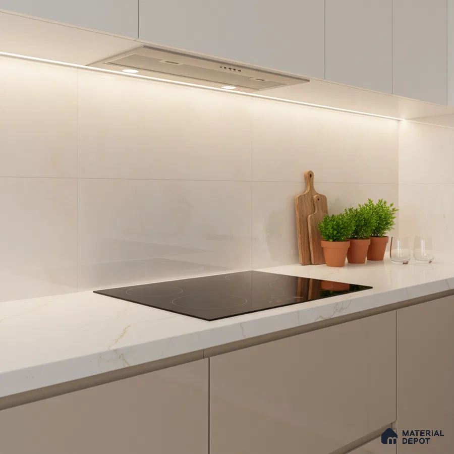 Minimalist kitchen with beige high gloss laminate, white marble-look quartz countertop, and marble-look backsplash tile