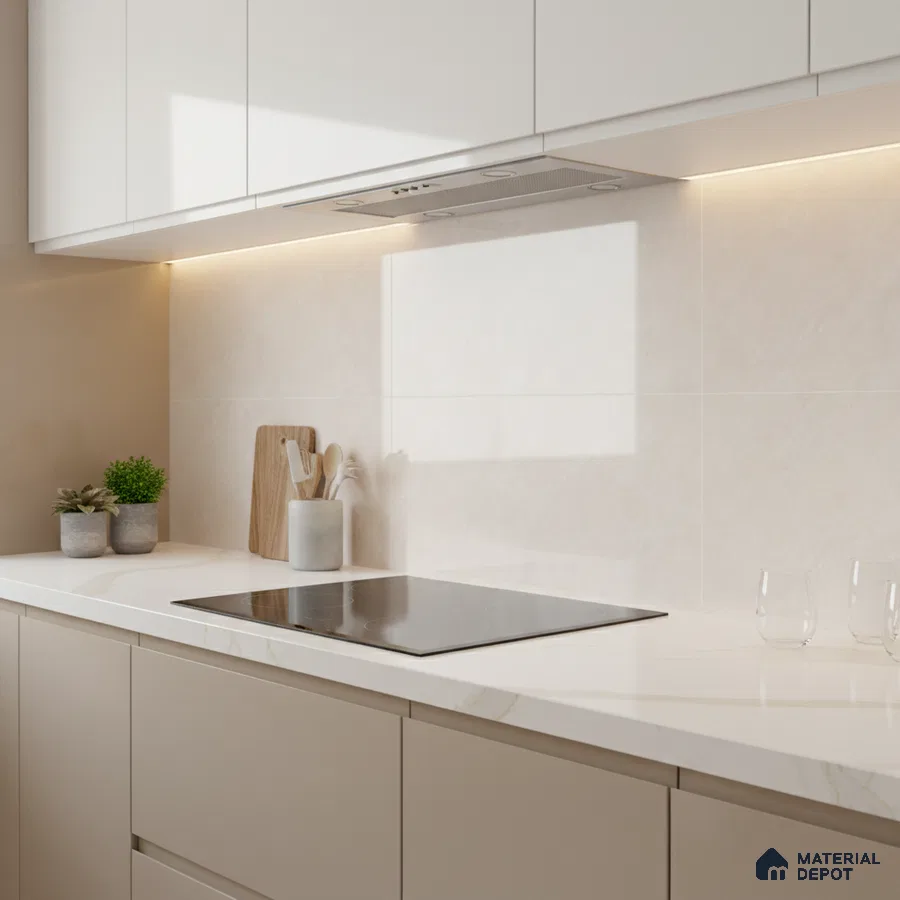 Minimalist kitchen with frosty white laminate cabinets and marble-look quartz countertop