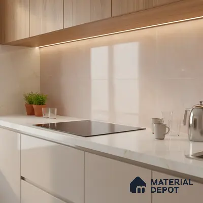 Modern kitchen with light wood laminate cabinets, white marble-look backsplash tile, and white marble countertop