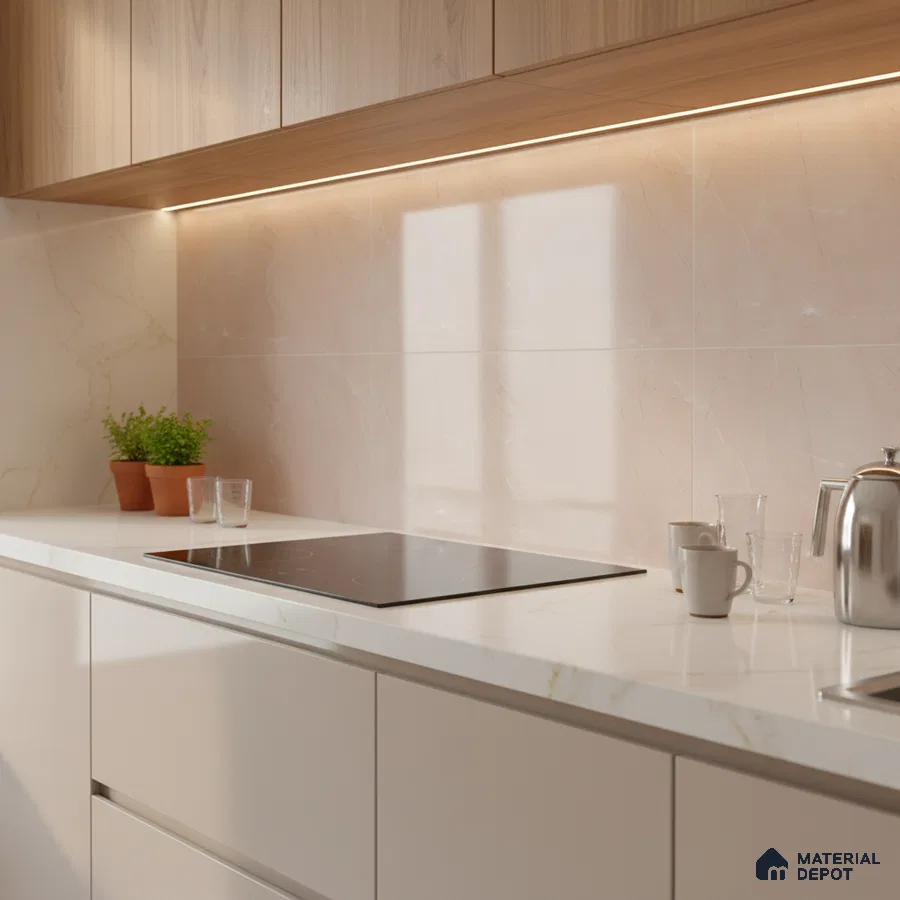 Modern kitchen with light wood laminate cabinets, white marble-look backsplash tile, and white marble countertop