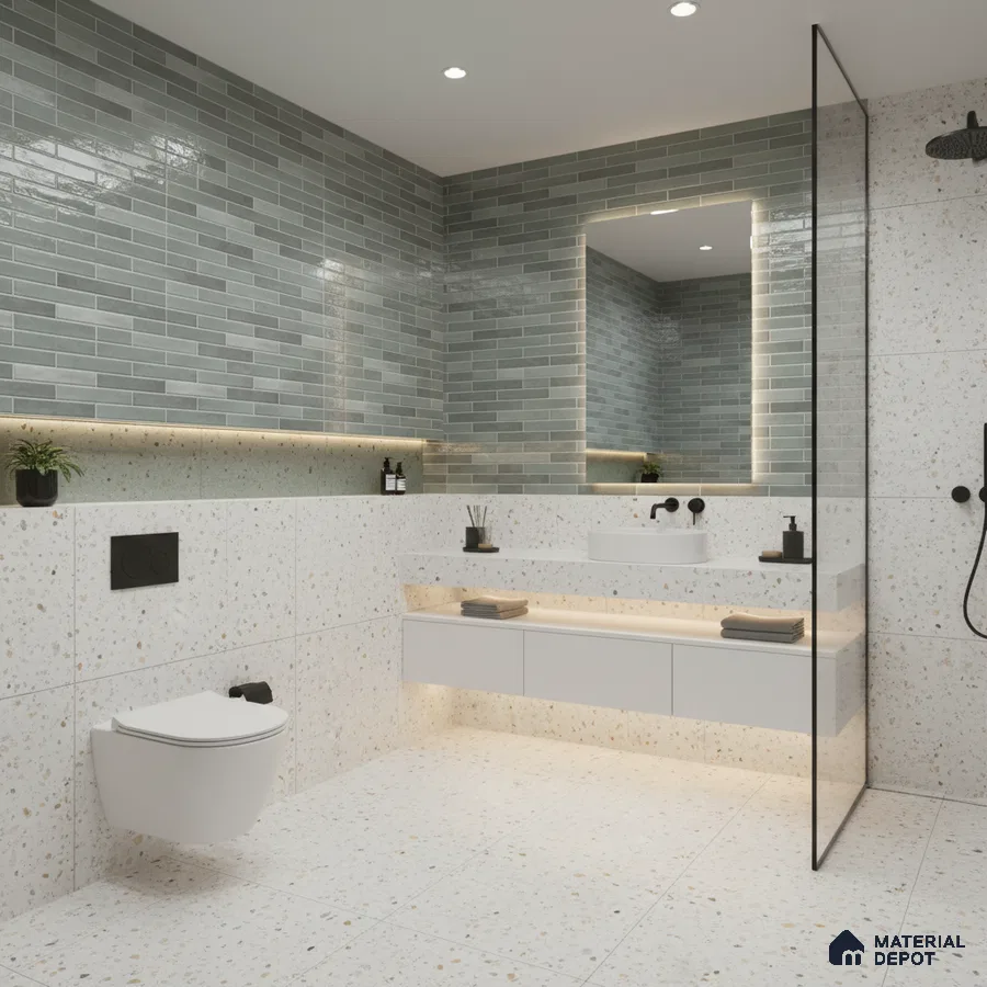 Modern kitchen with sage green subway backsplash tile, black marble countertop, and sage green laminate cabinets