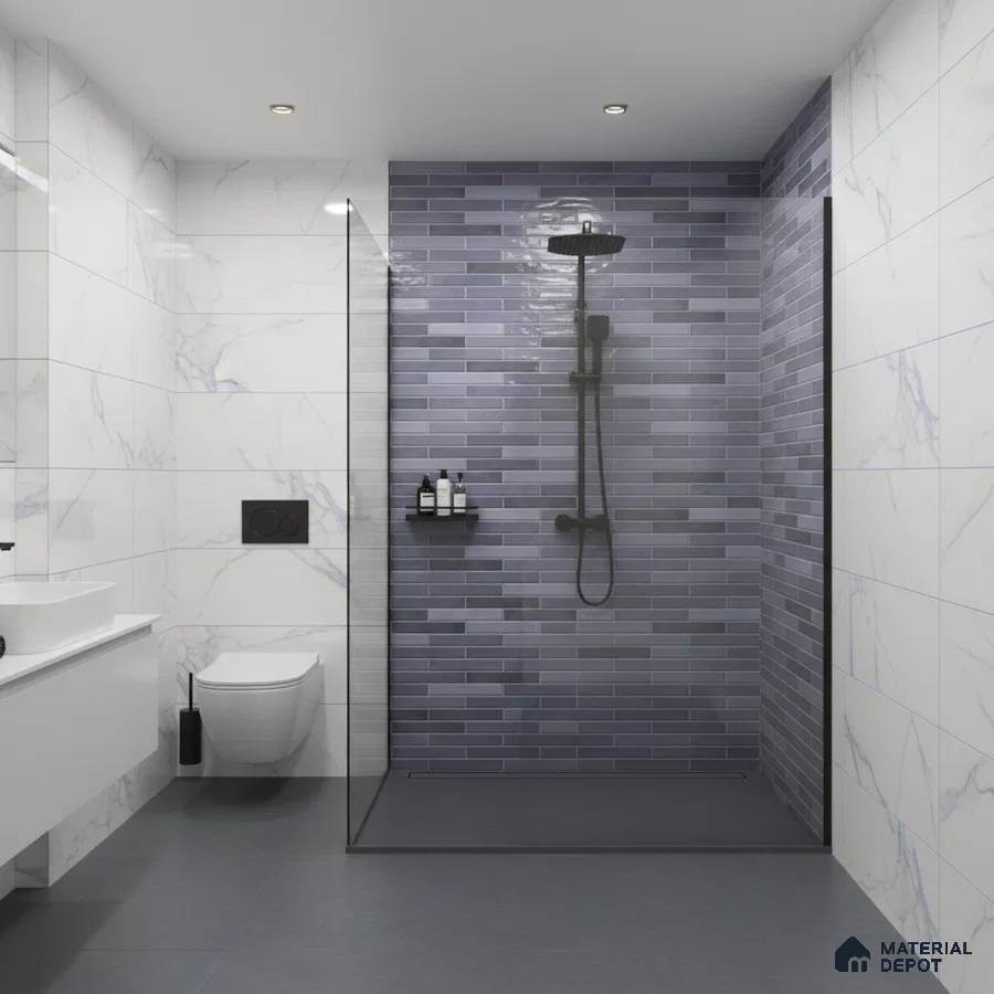 Modern bathroom with blue subway shower wall tile and white marble-look wall tiles