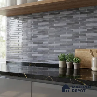 Modern kitchen with grey subway backsplash tile and black marble countertop