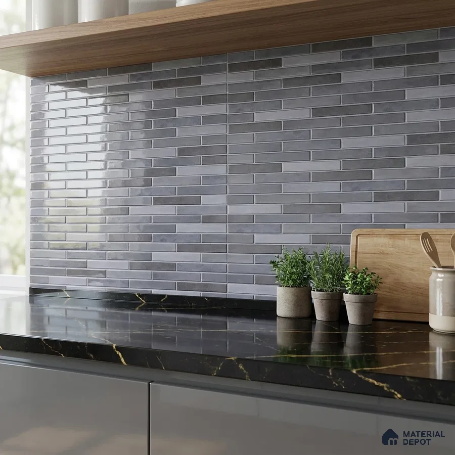 Modern kitchen with grey subway backsplash tile and black marble countertop