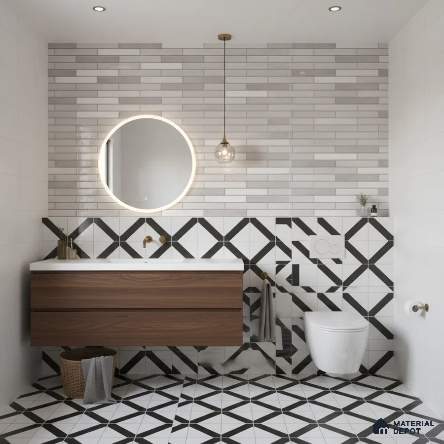Modern kitchen with grey subway backsplash tile, white quartz countertop, and matte grey laminate cabinets