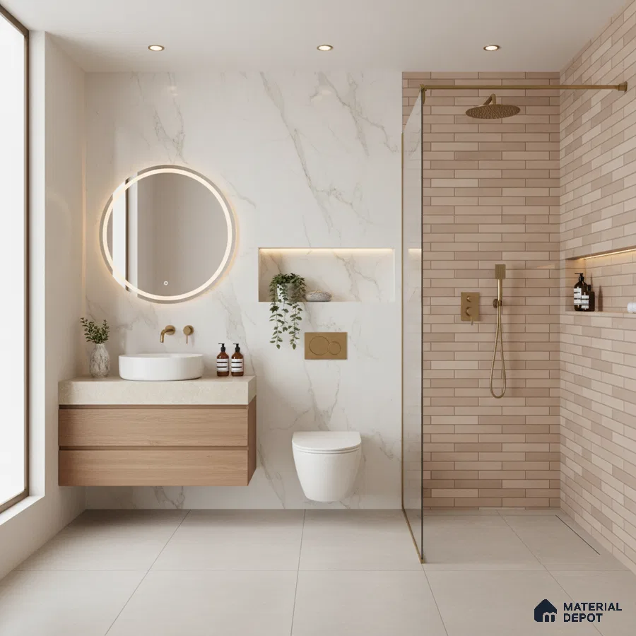 Modern bathroom with marble-look wall tiles, beige subway shower tiles, and floating wood vanity