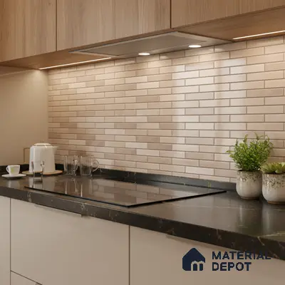 Modern kitchen with beige subway backsplash tile, black marble countertop, and light oak laminate cabinets
