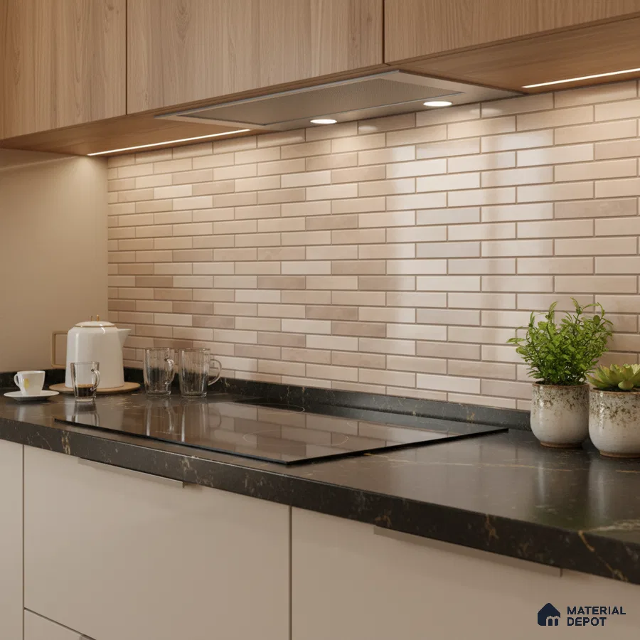 Modern kitchen with beige subway backsplash tile, black marble countertop, and light oak laminate cabinets