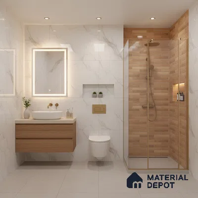 Modern bathroom with marble-look wall tiles, wood vanity, and beige brick shower tiles