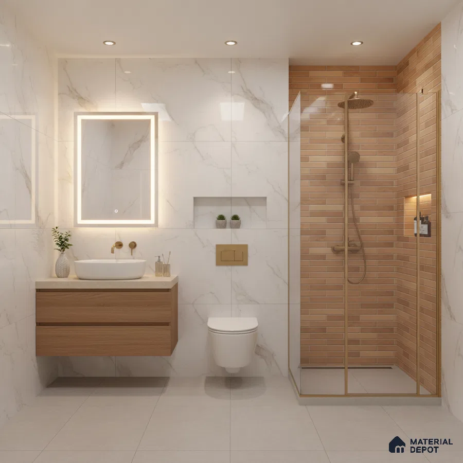 Modern bathroom with marble-look wall tiles, wood vanity, and beige brick shower tiles