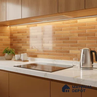 Modern kitchen with terracotta subway backsplash tile, white marble-look quartz countertop, and light wood laminate cabinets