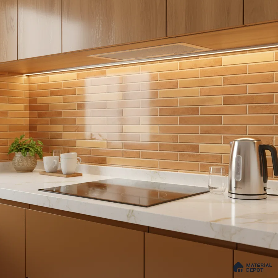 Modern kitchen with terracotta subway backsplash tile, white marble-look quartz countertop, and light wood laminate cabinets