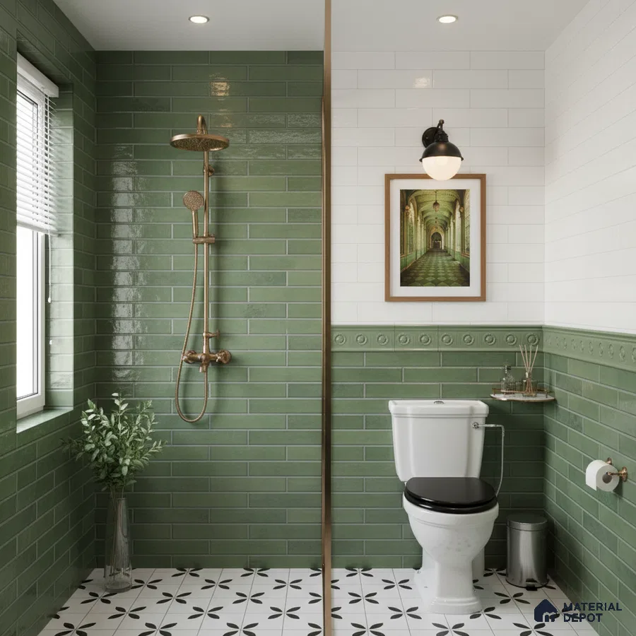 Modern kitchen with olive green laminate cabinets, green subway backsplash tile, and black marble countertop