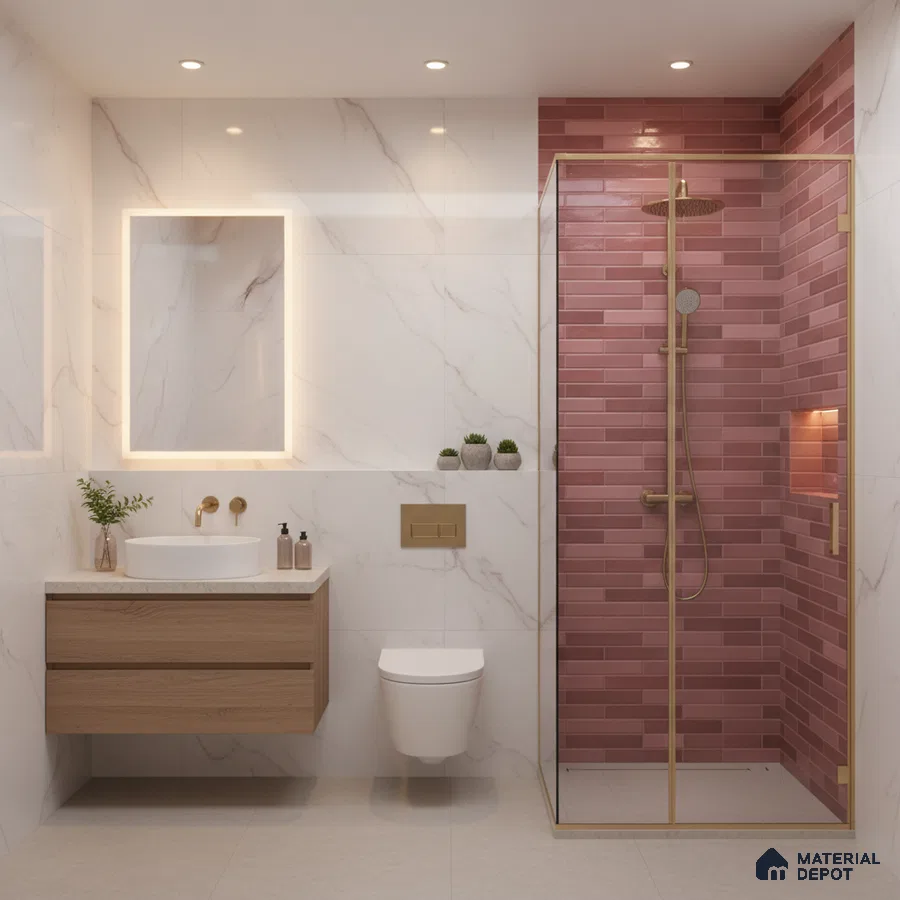 Modern bathroom with pink subway shower tiles, marble-look wall tiles, and floating wood vanity