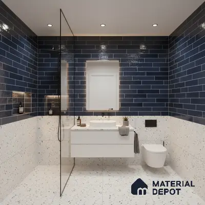 Modern bathroom with navy blue subway wall tiles and terrazzo floor and wall tiles