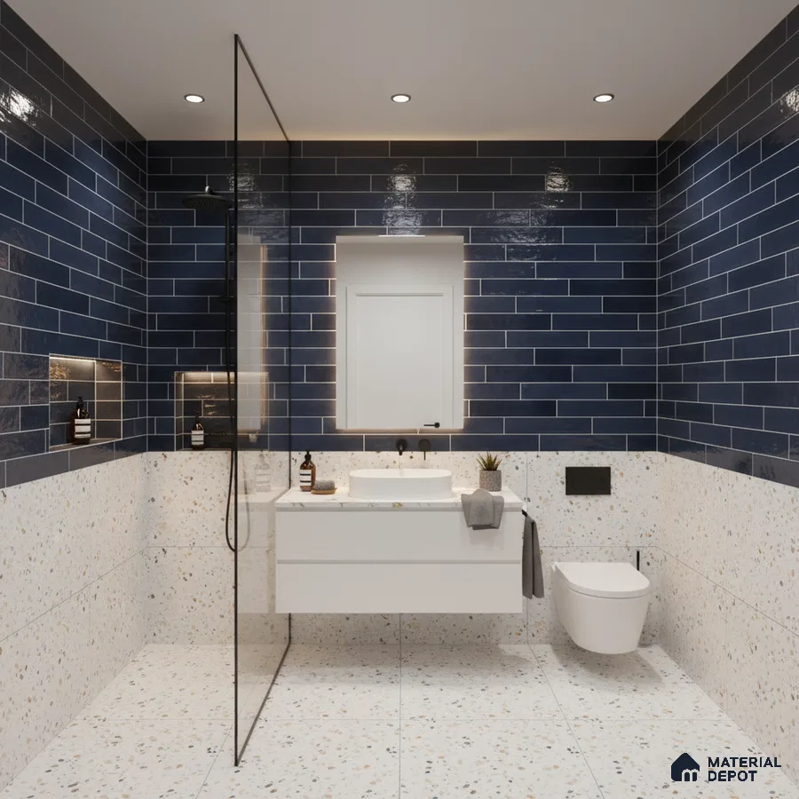 Modern bathroom with navy blue subway wall tiles and terrazzo floor and wall tiles