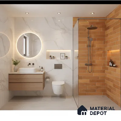 Modern bathroom with marble-look wall tiles, terracotta subway shower tiles, and light wood floating vanity