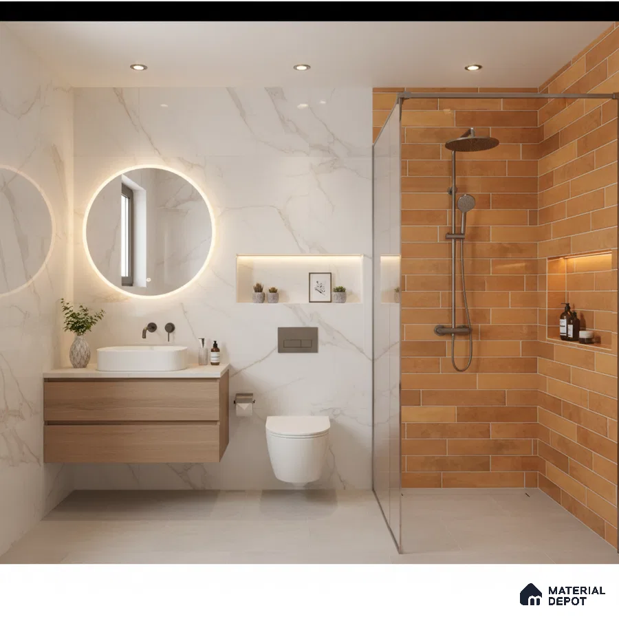 Modern bathroom with marble-look wall tiles, terracotta subway shower tiles, and light wood floating vanity