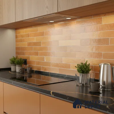 Modern kitchen with terracotta subway backsplash tile, matte black marble countertop, and light wood laminate cabinets