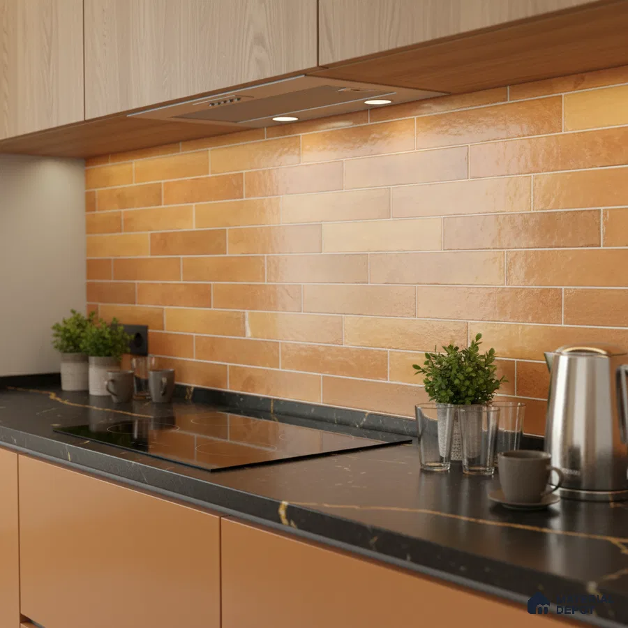 Modern kitchen with terracotta subway backsplash tile, matte black marble countertop, and light wood laminate cabinets