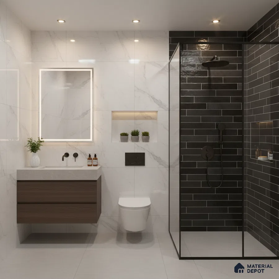Modern bathroom with white marble wall tiles, matte black subway shower tiles, and floating wood vanity
