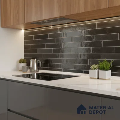 Modern kitchen with black subway tile backsplash, marble-look quartz countertop, and walnut wood laminate cabinets
